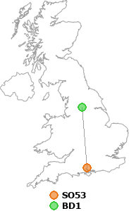 map showing distance between SO53 and BD1