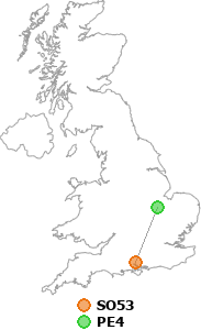 map showing distance between SO53 and PE4