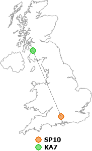 map showing distance between SP10 and KA7