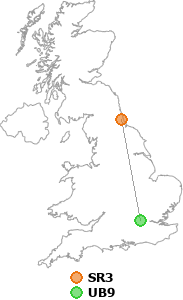 map showing distance between SR3 and UB9
