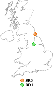 map showing distance between SR5 and BD1