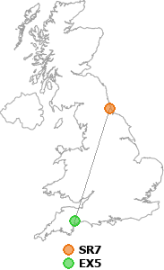 map showing distance between SR7 and EX5