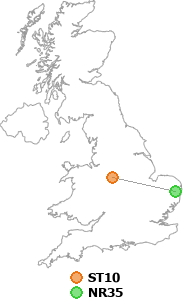 map showing distance between ST10 and NR35