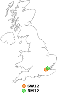 map showing distance between SW12 and RM12