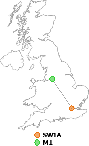 map showing distance between SW1A and M1