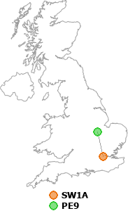map showing distance between SW1A and PE9