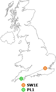map showing distance between SW1E and PL1