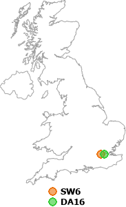map showing distance between SW6 and DA16