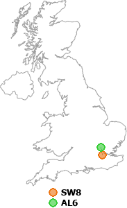 map showing distance between SW8 and AL6