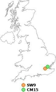 map showing distance between SW9 and CM15