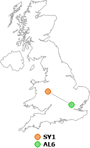 map showing distance between SY1 and AL6