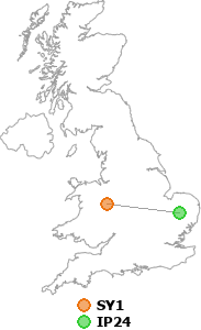 map showing distance between SY1 and IP24