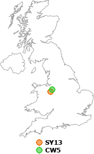 map showing distance between SY13 and CW5