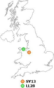 map showing distance between SY13 and LL28