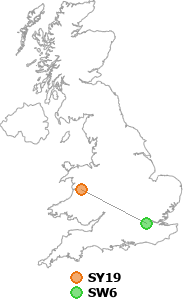 map showing distance between SY19 and SW6