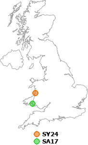 map showing distance between SY24 and SA17