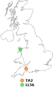 map showing distance between TA2 and LL56