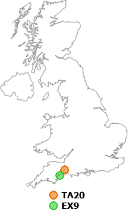 map showing distance between TA20 and EX9