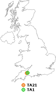 map showing distance between TA21 and TA1