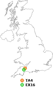 map showing distance between TA4 and EX16