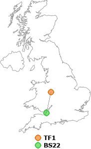 map showing distance between TF1 and BS22