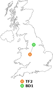 map showing distance between TF2 and BD1