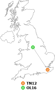 map showing distance between TN12 and OL16