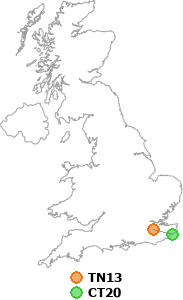 map showing distance between TN13 and CT20