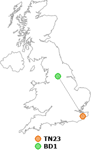 map showing distance between TN23 and BD1
