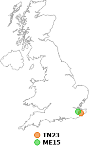 map showing distance between TN23 and ME15
