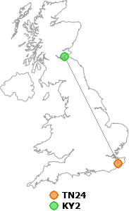 map showing distance between TN24 and KY2