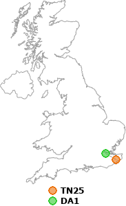 map showing distance between TN25 and DA1