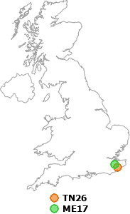 map showing distance between TN26 and ME17