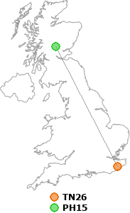 map showing distance between TN26 and PH15