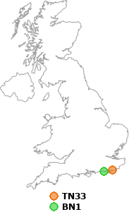 map showing distance between TN33 and BN1