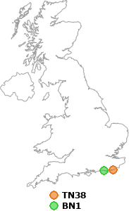 map showing distance between TN38 and BN1