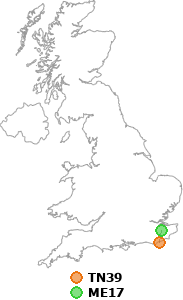 map showing distance between TN39 and ME17