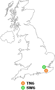 map showing distance between TN6 and SW6