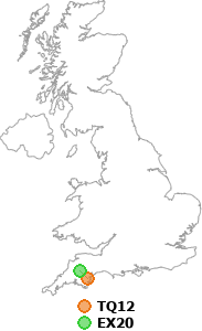 map showing distance between TQ12 and EX20