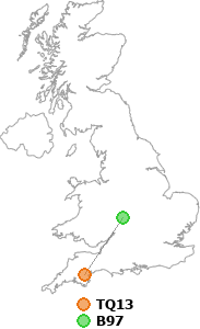map showing distance between TQ13 and B97