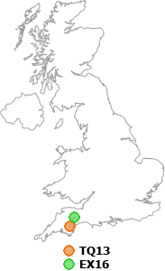 map showing distance between TQ13 and EX16