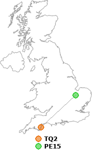 map showing distance between TQ2 and PE15