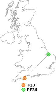 map showing distance between TQ3 and PE36