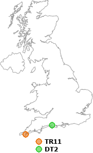 map showing distance between TR11 and DT2