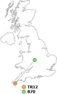 map showing distance between TR12 and B70