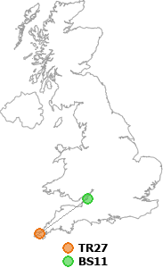 map showing distance between TR27 and BS11