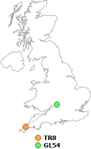 map showing distance between TR8 and GL54