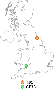 map showing distance between TS1 and CF23
