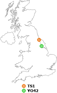 map showing distance between TS1 and YO42