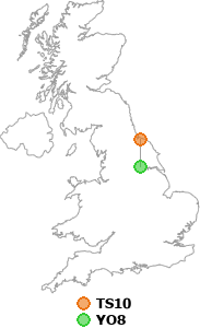 map showing distance between TS10 and YO8